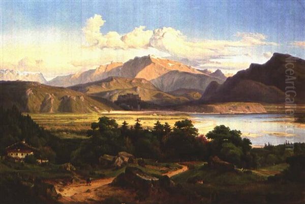 Grosse Landschaft Am Inn, Mit Blick Auf Kufstein Und Das Kaisergebirge Oil Painting by Georg Heinrich Crola