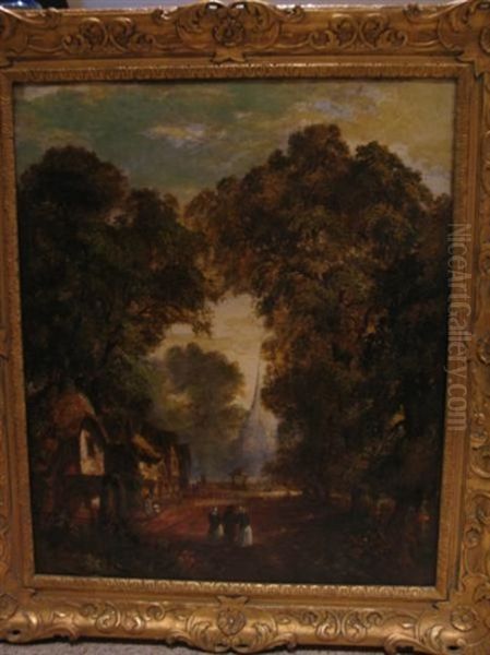 Three Figures Walking Down Town Road Under Canopy Of Old Oaks Oil Painting by John Crome the Elder