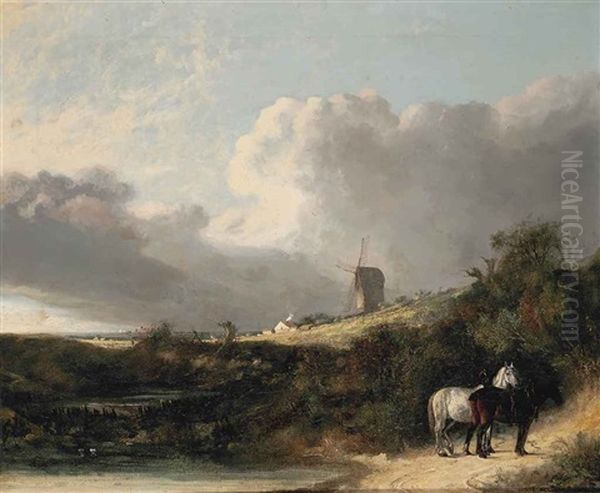 A View Near Woodbridge, With Two Horses By A Pond, A Windmill Beyond Oil Painting by John Crome the Elder