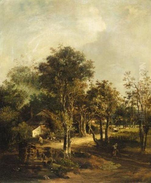 A Wooded Landscape With Cottagers On A Path In The Foreground Oil Painting by John Crome the Elder