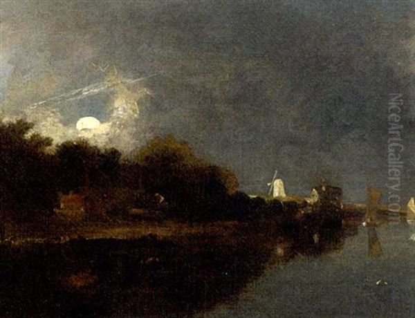 A Moonlit River Landscape, With Cottages, Sailing Boats And A Windmill Beyond Oil Painting by John Crome the Elder