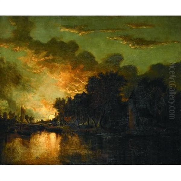 Sunset On The River With Boats Moored In The Foreground Oil Painting by John Crome the Elder