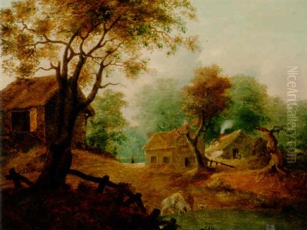 A Wooded Landscape With Horses In The Foreground And Cottages Beyond Oil Painting by John Crome the Elder