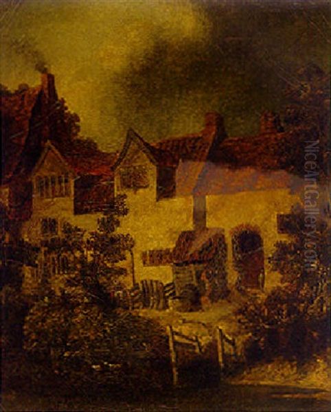 Cottages On A Riverbank Oil Painting by John Crome the Elder