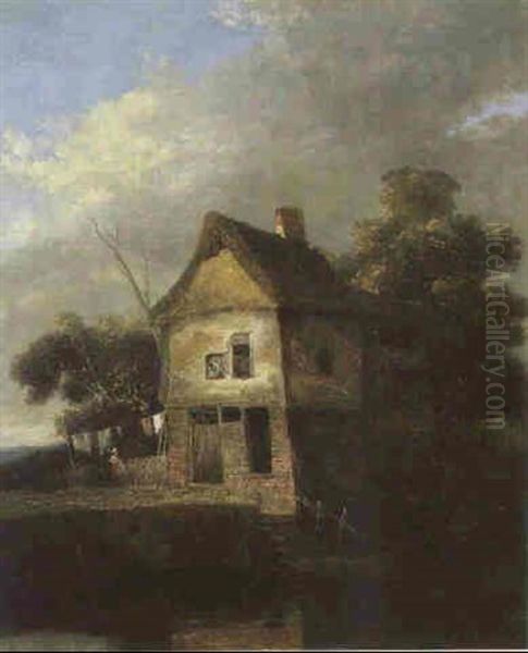 A Figure By A Riverside Cottage Oil Painting by John Crome the Elder