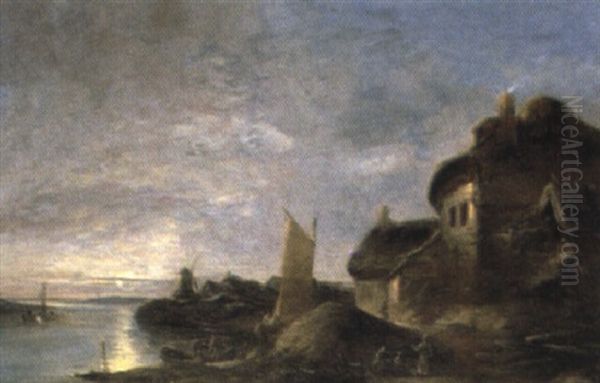 Fisherman Unloading Their Catch In A Moonlit Estuary Oil Painting by John Crome the Elder