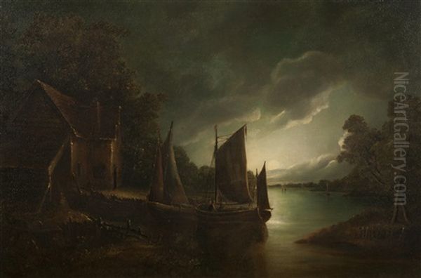 Moonlit Riverscape Oil Painting by John Berney Crome