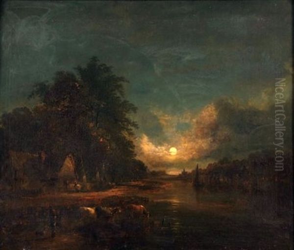 Moonlit River Landscape With Cattle Watering, Figures And Cottage Oil Painting by John Berney Crome