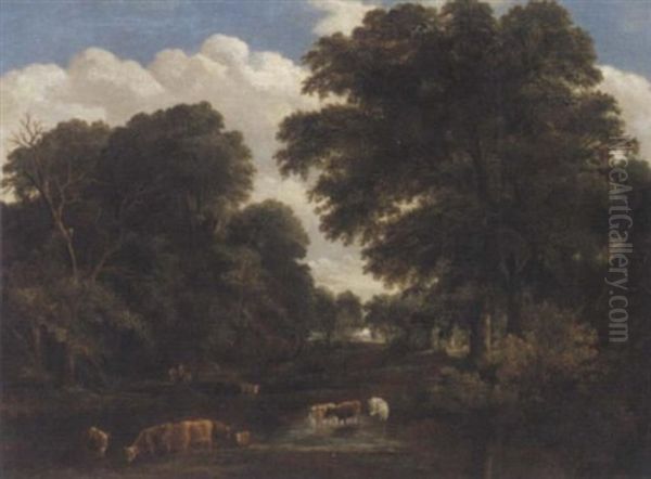 Cattle Watering In A Wooded Landscape Oil Painting by John Berney Crome