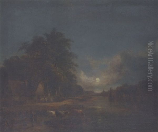 Moonlight River Scene With Cattle Watering Oil Painting by John Berney Crome