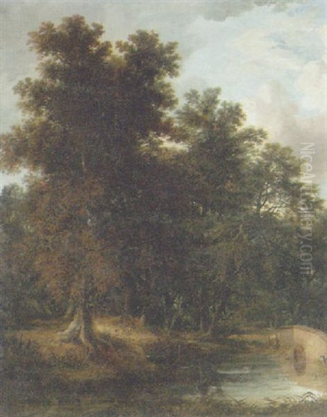 A Wooded River Landscape With A Footbridge Oil Painting by John Berney Crome