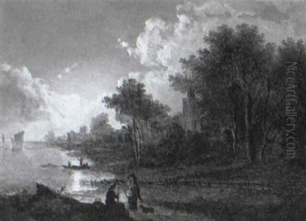 Figures In A Moonlit Village By A Lake Oil Painting by John Berney Crome