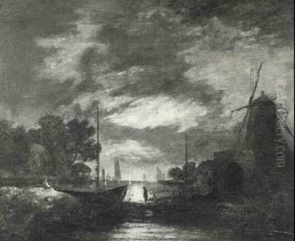 Moonlit River Scene With Figures, Boats And Windmill Oil Painting by John Berney Crome