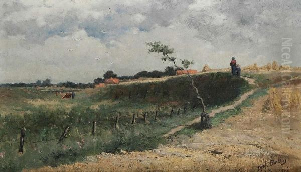 Glooiend Landschap Met Figuren Bij Hooimijten Oil Painting by D Jef Anten