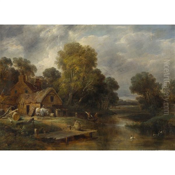 A Wooded River Landscape With Punt Oil Painting by William Henry Crome