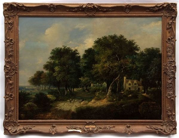 Cottages Under Trees With Shepherd Driving Sheep Oil Painting by William Henry Crome