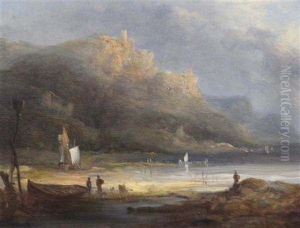 Beach Scene Looking Towards Cliff Top Towers Oil Painting by William Henry Crome