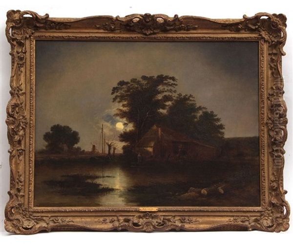 Moonlit River Landscape With Figure By A Cottage, Windmill To Distance Oil Painting by William Henry Crome