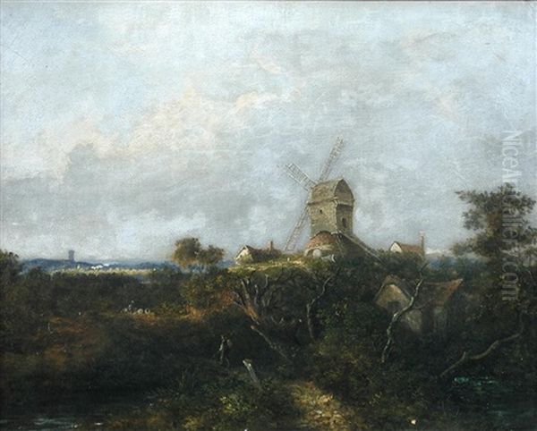 A Windmill On A Hill, With A Walker On A Track Oil Painting by William Henry Crome