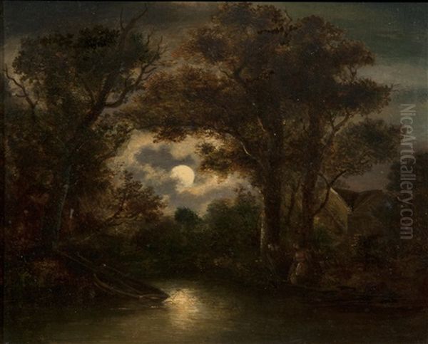 Moonlit River Scene Oil Painting by William Henry Crome