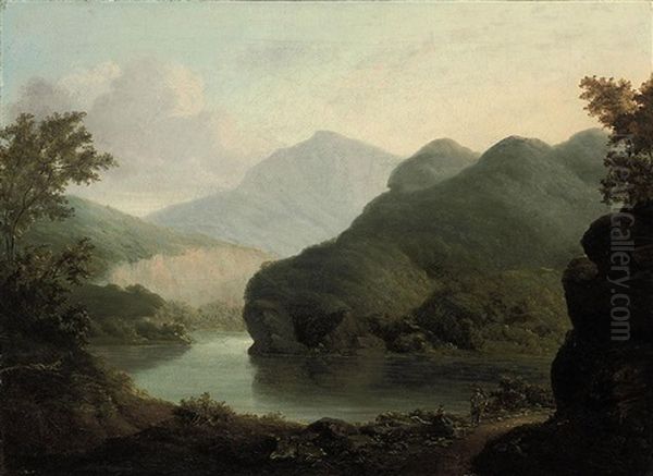 Two Travellers Resting By A Lake, A Mountainous Landscape Beyond Oil Painting by William Henry Crome