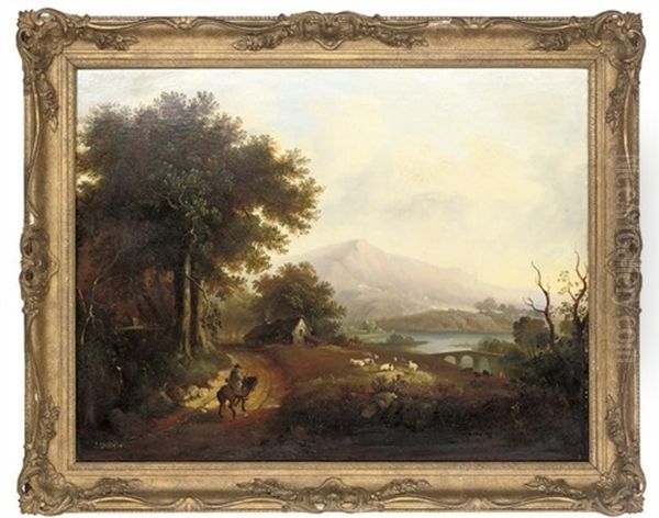 A Mounted Traveler On A Country Lane Beside A River Oil Painting by William Henry Crome