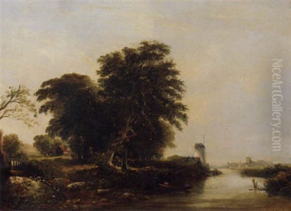 Figures In A Boat By A Windmill In An Extensive Landscape Oil Painting by William Henry Crome