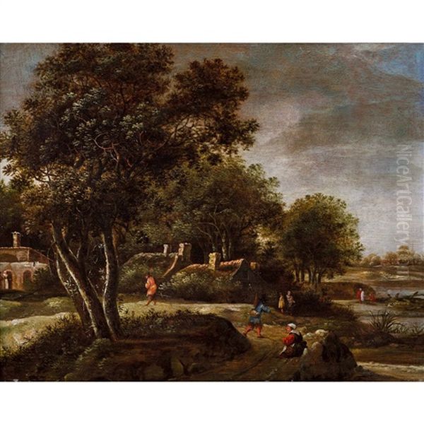 Landschaft Mit Baumen Und Bauernhausern Oil Painting by Anthony Jansz van der Croos