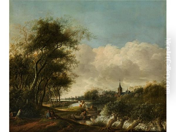 Flusslandschaft Mit Fischern Im Kahn Oil Painting by Anthony Jansz van der Croos