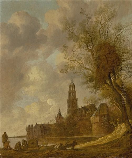 A Wooded River Landscape With Fishermen In The Foreground, Montfoort Castle And A Fortified Town Beyond Oil Painting by Anthony Jansz van der Croos