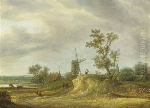 A River Landscape With Figures On A Path By A Village Oil Painting by Anthony Jansz van der Croos