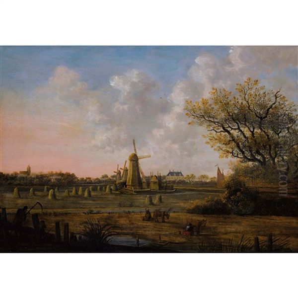 Landschaft Mit Windmuhlen Und Heugarben Oil Painting by Anthony Jansz van der Croos