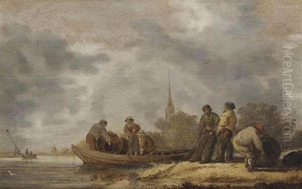 A River Landscape With Fishermen Bringing In Their Catch Oil Painting by Anthony Jansz van der Croos