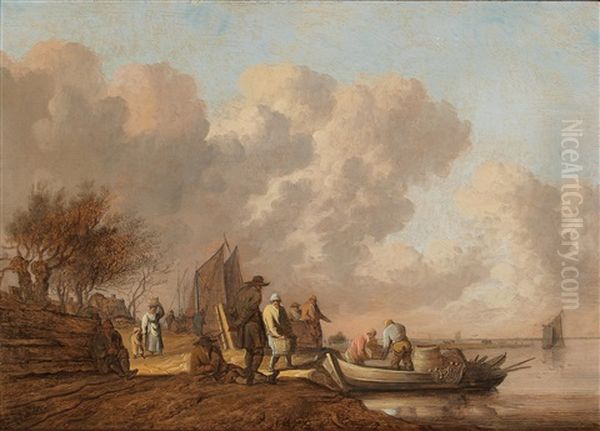 Fishermen Unloading Their Catch Oil Painting by Anthony Jansz van der Croos