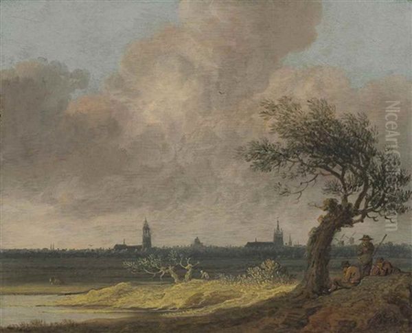 A Landscape With Peasants Resting Under A Tree, The City Of Delft Beyond Oil Painting by Anthony Jansz van der Croos