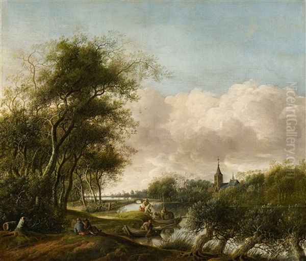 River Landscape With Fishermen Oil Painting by Anthony Jansz van der Croos