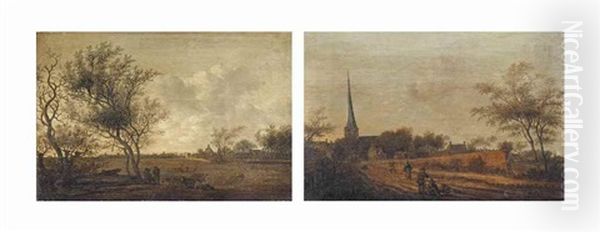 A View Of Leidschendam With Drovers And Their Cattle; And A View Of Rijswijk With The Oude Kerk Oil Painting by Anthony Jansz van der Croos