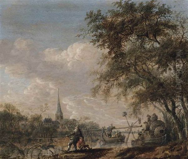 A River Landscape With Fishermen Hauling In Nets, A Village On The River Bank Beyond Oil Painting by Anthony Jansz van der Croos