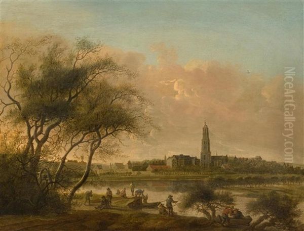 Angler At The Nederrijn With The Town Of Rhenen In The Background Oil Painting by Anthony Jansz van der Croos