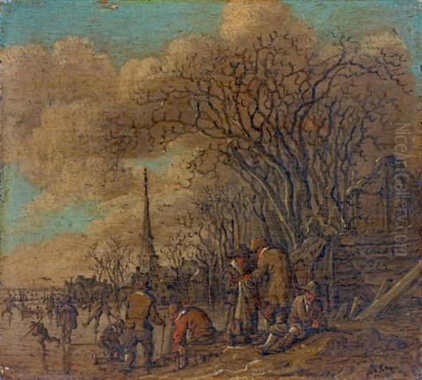 Scene De Patinage Hivernal Sur Un Estuaire Oil Painting by Anthony Jansz van der Croos