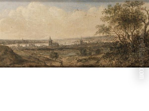 A View Of A Riverside Town (+ An Extensive River Landscape With A Bridge In The Foreground; Pair) by Anthony Jansz van der Croos