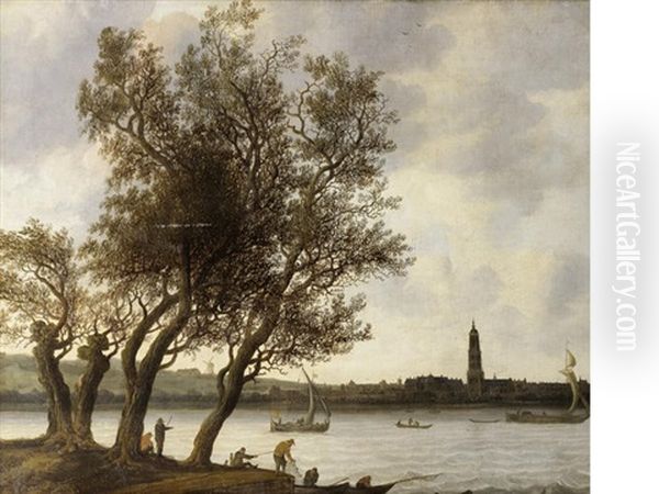 View Of Rhenen From The South Bank Of The Nederrijn Oil Painting by Anthony Jansz van der Croos