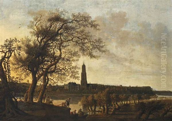 View Of Rhenen With Figures Along The Nederrijn, The Cunerakerk And The Palace Of The Winter King Beyond Oil Painting by Anthony Jansz van der Croos