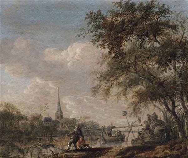 A River Landscape With Fishermen Hauling In Nets, A Village On The River Bank Beyond Oil Painting by Anthony Jansz van der Croos