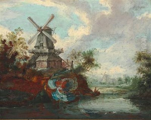 Landscapes With Mills And Castle Ruin At A River (pair) Oil Painting by Anthony Jansz van der Croos