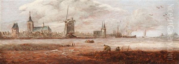 Fishermen By The Water With A View Of A City Oil Painting by Anthony Jansz van der Croos