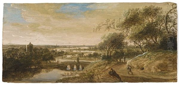 View Of Arnheim With The Eusebiuskerk River Landscape With Bridge And Figural Staffage Oil Painting by Anthony Jansz van der Croos