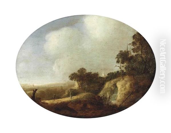 An Extensive Wooded Landscape With Travellers On A Path By A Cascade, A Village And A Church Beyond Oil Painting by Anthony Jansz van der Croos