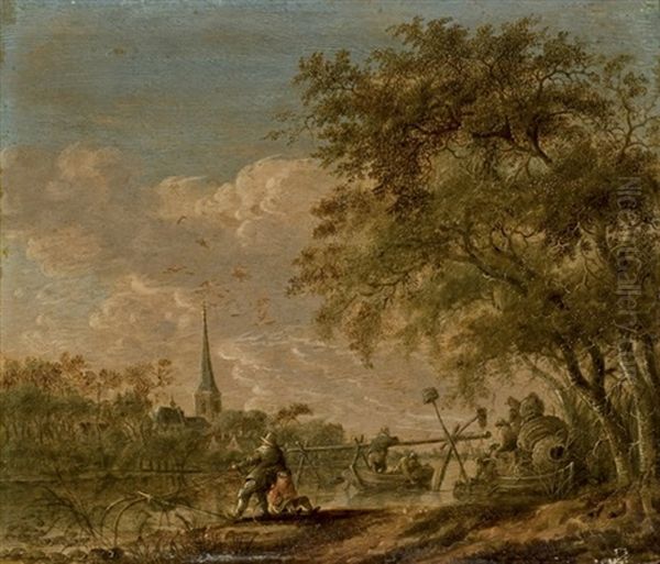 Paysans Pechant Au Bord D'une Riviere Oil Painting by Anthony Jansz van der Croos