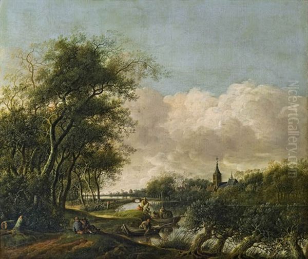 Flusslandschaft Mit Fischern Und Einem Dorf Im Hintergrund Oil Painting by Anthony Jansz van der Croos